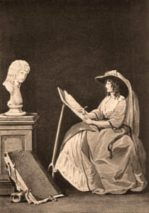 s/w Litho: Portrait der Malerin währen sie das Abbild einer vor ihr stehenden Büste anfertigt