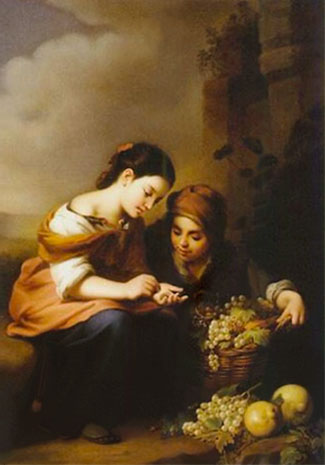 Gemälde: zwei junge Frauen sitzen auf einem Stein neben einem hohen Fels, vor der rechten ein Korb mit Trauben und Zitronen, die linke zeigt am Kauf interessiert eine Münze