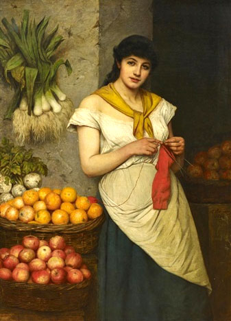 Gemälde: junge Obsthändlerin steht an Hauswand gelehnt und strickend neben mit Orangen und Äpfeln gefüllten Körben