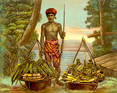 Farblitho: Mann in rotbunter Wickelhose mit rotenTurban am Ufer eines Gewässers stehend, vor sich zwei große Körbe mit Bananen und anderem Obst gefüllt