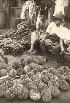 s/w-Foto: neben ihrer Ware sitzende Männer verkaufen Bananen und andere exotische Früchte