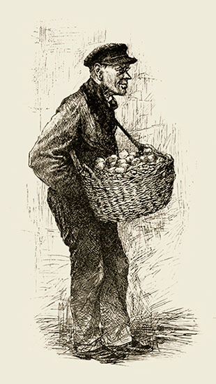 Zeichung: alter Obstverkäufer mit Korb am Schultergurt
