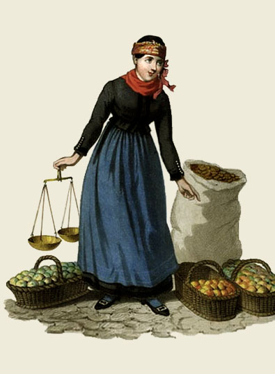 Farblitho: Händlerin steht mit einer Schalen-Waage in der Hand neben Körben Äpfeln und einem Sack mit Maronen