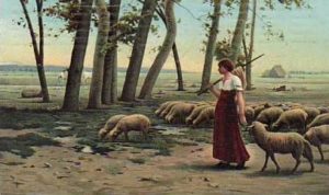 Schäferin zieht mit ihren Schafen übers Land