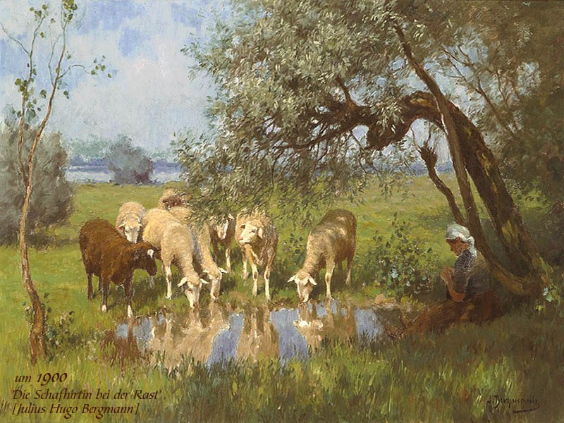Gemälde: Schafhirtin sitzt rechts strickend unter einer Weide, mittig trinken Schafe aus einem kleinen Weier