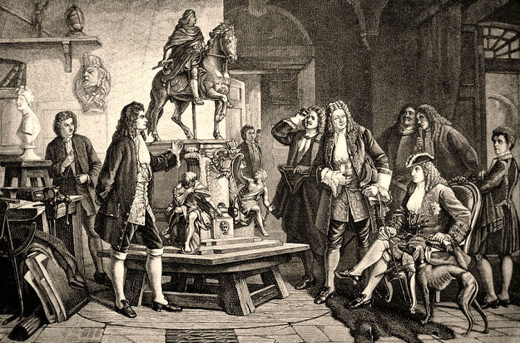 Kupferstich: Schlüter zeigt Friedrich I. und ihn begleitendem Hofstaat in seinem Atelier das Modell zum geplanten Reiterdenkmal