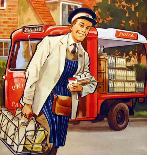 Mann bringt Milchflachen, Butter und Eier aus seinem Lieferwagen