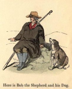 farbige Zeichnung: Schäfer sitzt auf Stein, neben ihm sein Hund