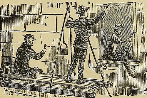 alte Illustration: drei Anstreicher beim streichen eines Hauses