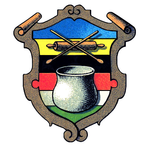 Wappen: mittig Farbbottich und darüber gekreuzte Holzlöffel über hölzerner Handwalze