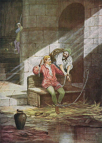 Gemälde: Gruffudd mit einem weiteren Gefangenen angekettet im Kerker, im Hintergrund auf einer Treppe an die Wand gelehnter Wärter