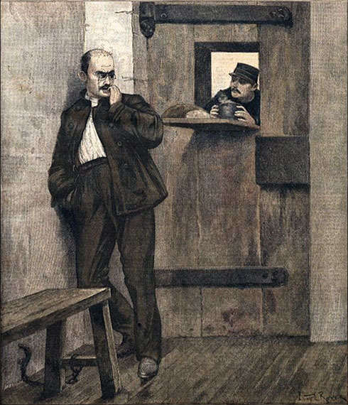 sw-Druck: Dreyfus in der Zelle bekommt vom Gefängniswärter Essen und Getränk durch die Türluke gereicht