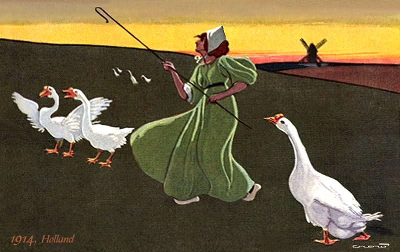 Gemälde: Holländische Gänsemagd mit Häubchen und Holzschuhen in langen grünen Kleid auf weiter grünen Wiese bei Sonnenuntergang und am Horizont eine