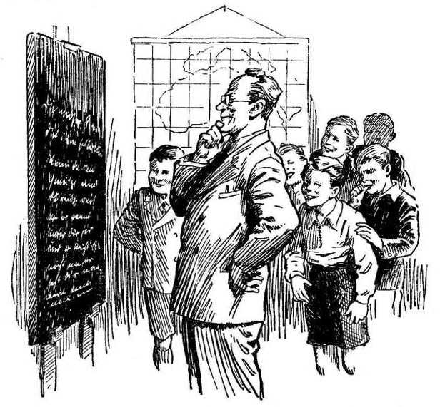 alte sw-Buchillustration: Lehrer steht mit Schülern grübelnd vor einer beschriebenen Tafel