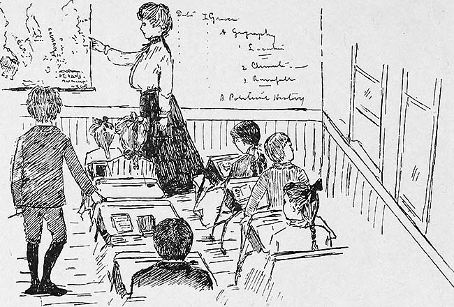 sw-illu: Lehrerin zeigt den sitzenden Schülern etwas an einer Karte oder fragt einen Schüler ab