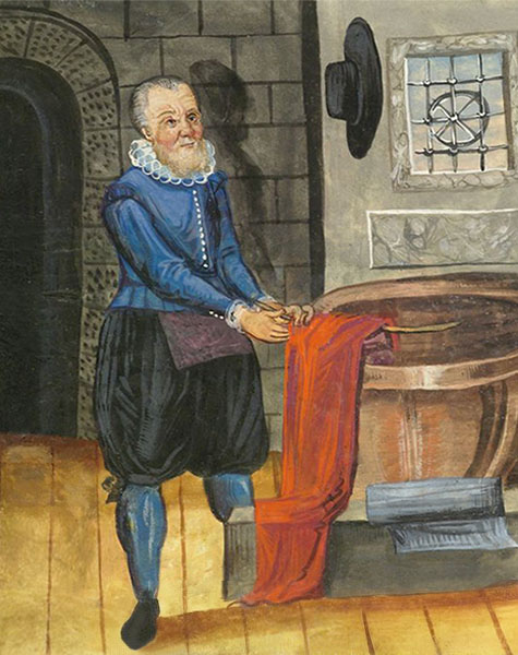 Buchmalerei: Der Färber steht vor einem großen Färbekessel aus Kupfer und holt mit einem hölzernen Stab ein rot gefärbte Tuch aus dem Färbebad