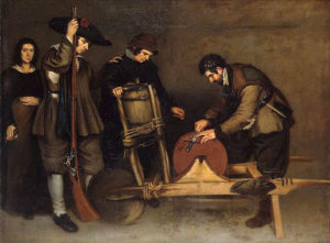 Gemälde: Der Schleifer schärft einen Dolch, links stehen Leute die zusehen und Gegenstände zum Schärfen bei sich tragen