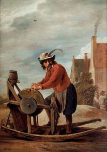 Gemälde: Schleifer mit Federhut am Dorfrand beim Schärfen eines Messers