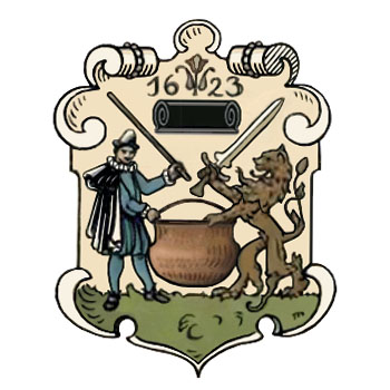 ein Färber mit Färbestab und ein stilisierter aufrechtstehender Löwe mit Schwert und halten einen Kupferkessel; darüber ein schwarzer Stoffballen