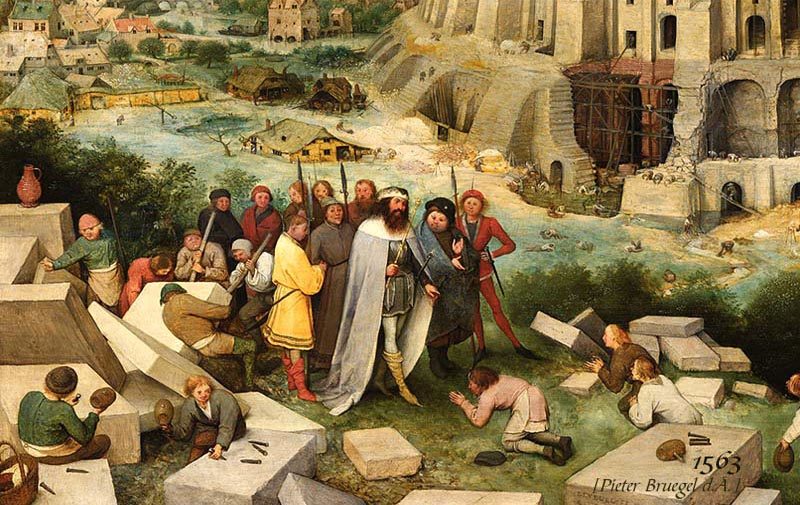 Gemälde 'Turmbau zu Babel': König inspiziert mit Hofstaat Steinmetzen auf der Baustelle