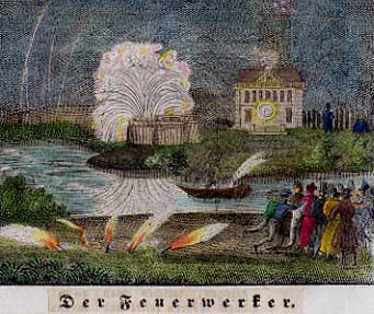 farbige alte Zeichnung: Feuerwerk hinter dem Fluss