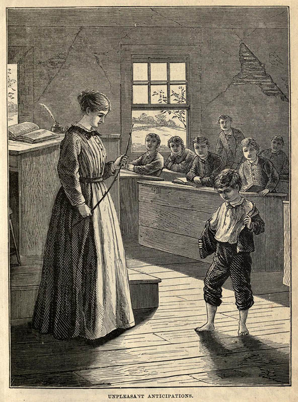sw-Abbildung: Lehrerin mit Rohrstock in der Hand schaut zu betreten schauenden Schüler vor ihr