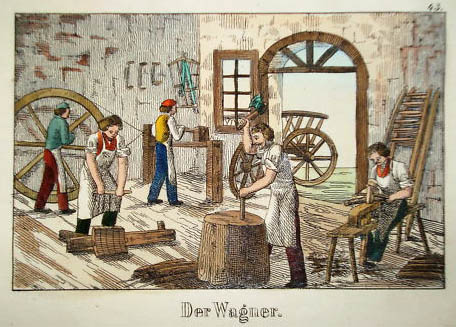 farbige Zeichnung: fünf Wagner bei der Arbeit in der Werkstatt