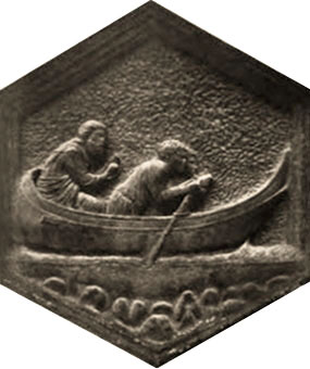 sechseckiges Relief eines Fährmanns auf dem Fluss