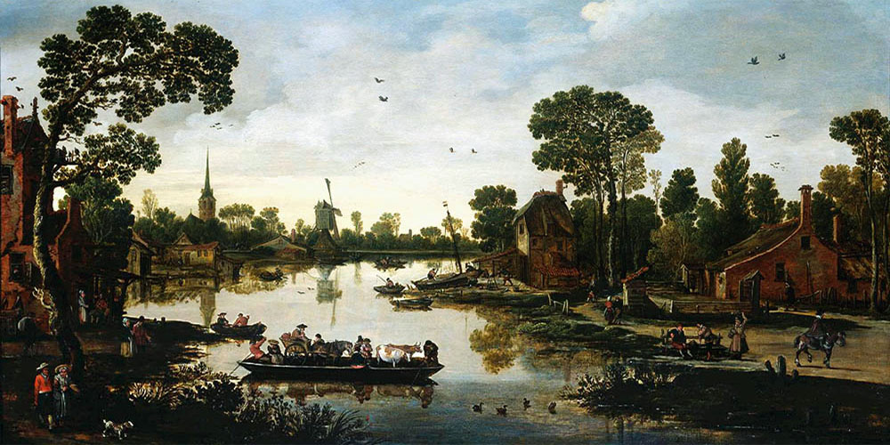 Gemälde: holländische Dorflandschaft am Fluss mit übersetzender Viehfähre