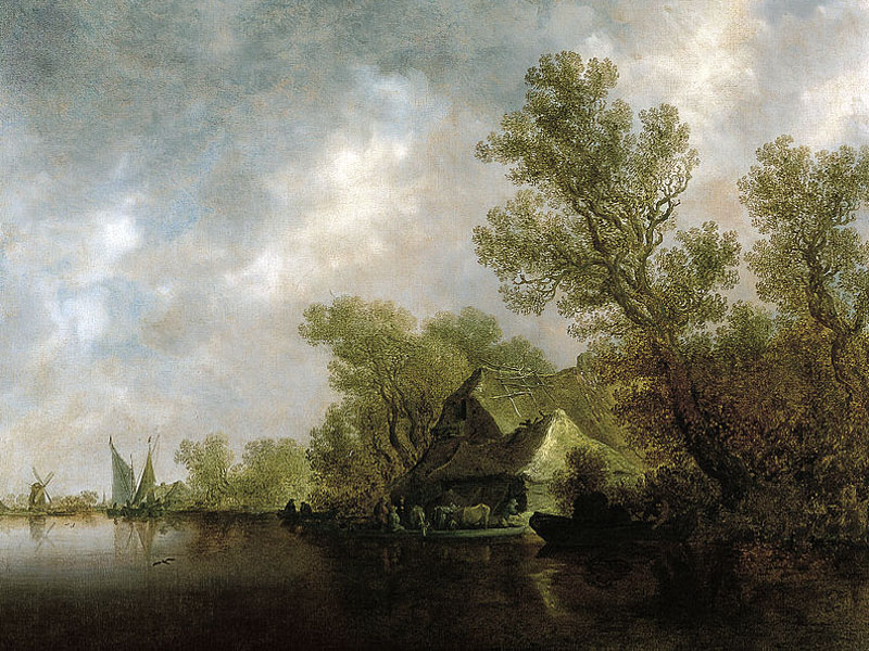 Gemälde: holländische Flusslandschaft mit Fähre und Hütten