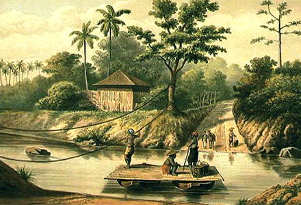 alte Farbillu: Fähre, bestehend aus zwei Booten mit aufliegendem Brett wird an Seilen über den Fluss gezogen