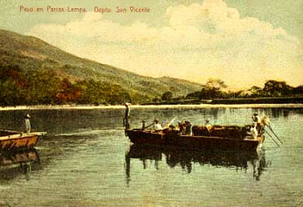alte Postkarte: Fähre bei Flussüberquerung