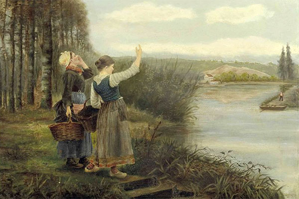 Gemälde: zwei Frauen rufen von einem Flußufer dem Fährmann am anderen Ufer