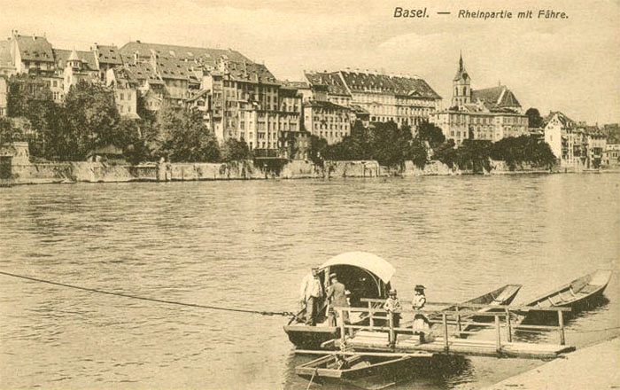 alte Postkarte: Rheinfähre in Basel