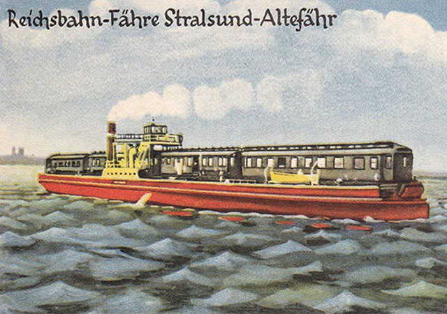 alte Postkarte: gemalte Eisenbahnfähre