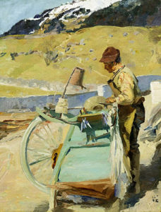 Gemälde: stehend arbeitender Mann vor sonnigem Gebirgspanorama mit Fluß im Tal