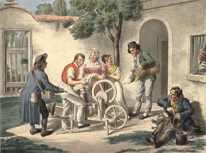 Gemälde: Schleifer mit seiner Karre, umringt von mehreren Leuten mit Scheren in der Hand und anderen Handwerkern, wie Kesselflicker, auf einem ländlichen Hof