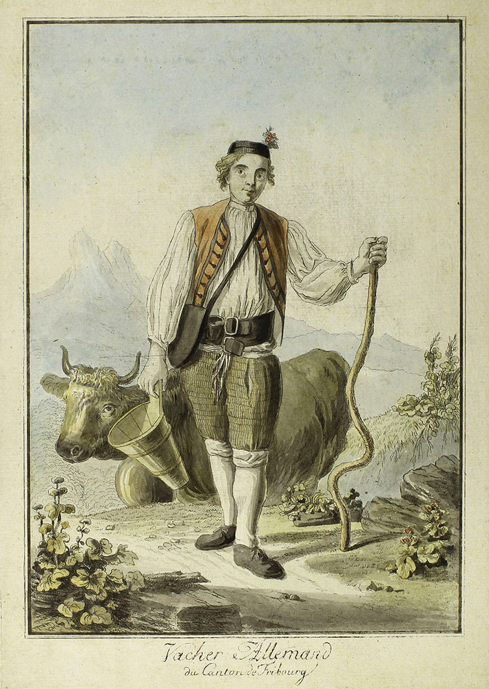 Kuhhirte in traditioneller Kleidung mit Holzgefäß und Kuh