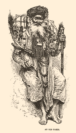 Kupferstich: alter Inder mit Gittergestell und vielen Gebetsketten um den Hals - 1882