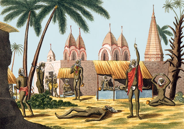 kolorierter Kupferstich: mehrere Inder in diversen Positionen und Schmerz erzeugenden Gerätschaften - 1800