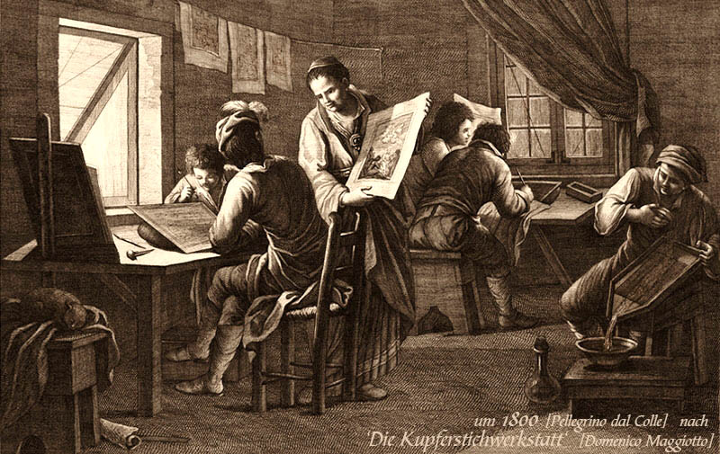 Kupferstich: Blick in eine Kupferstichwerkstatt ~1812