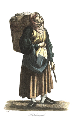kolorierter Stahlstich: Lumpenfrau mit Rückentragekorb und Stöckchen