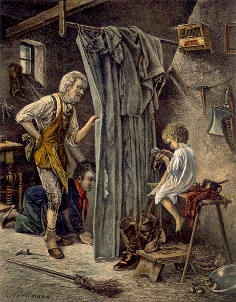 Gemälde: Vater und älterer Sohn beobachten durch einen Vorhang den Jüngsten, der seine Schuhe bürstet