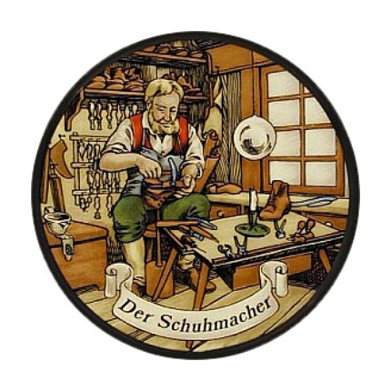 rundes Glasbild: Schuster bei der Arbeit in seiner Werkstatt