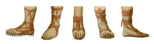 Farblitho: fünf verschieden Sandalenformen