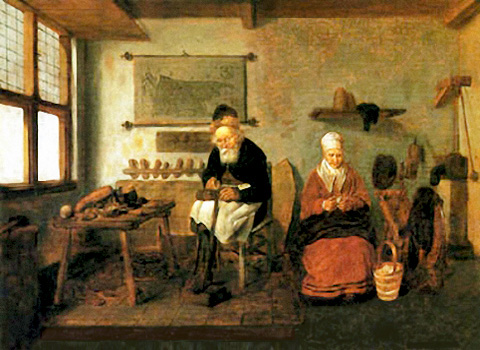 Gemälde: alter Schuster arbeitet auf einem Podest, daneben sitzt Frau bei Handarbeit