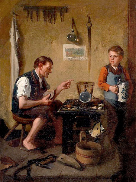 Gemälde: Junge mit Bierkrug beim Schuster in der Werkstatt