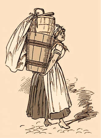 nachkolorierte Zeichnung: Frau mit Wäscherückentrage