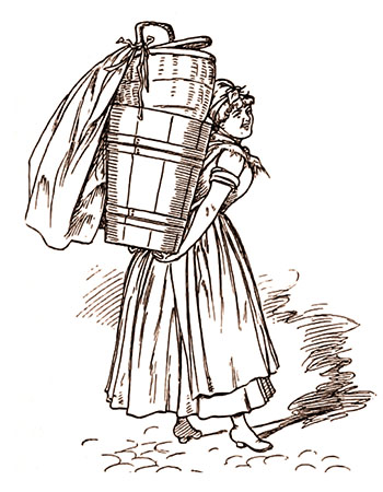 Zeichnung: Waschfrau mit Wäschetragekorb auf dem Rücken