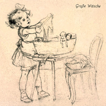 Kohle-Zeichnung: kleines Mädchen mit Puppen und deren Kleidung im Waschzuber